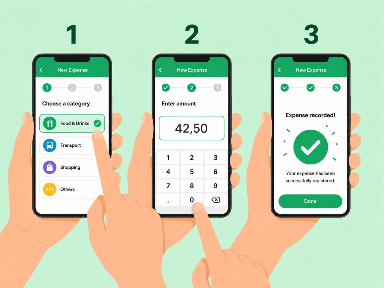 Tres pasos: elegir categoría, ingresar monto, registrar