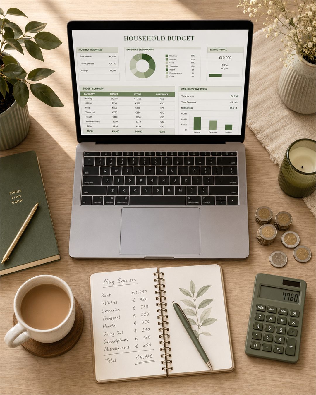 Planilla en uso con cuaderno y café